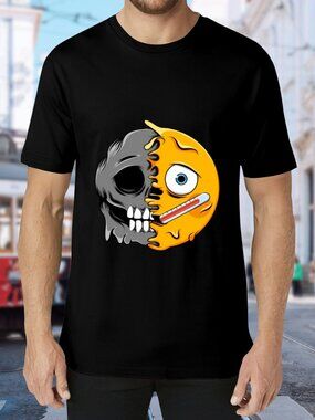 Black Short Sleeve Graphic Tee with Yellow Skull-Sun Emblem